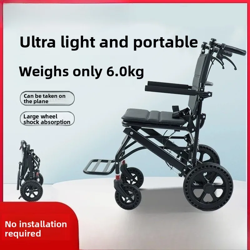 Aluminum Alloy Lightweight Foldable Hand Push Scooter with Pull Rod, Portable Travel Wheelchair for Elderly