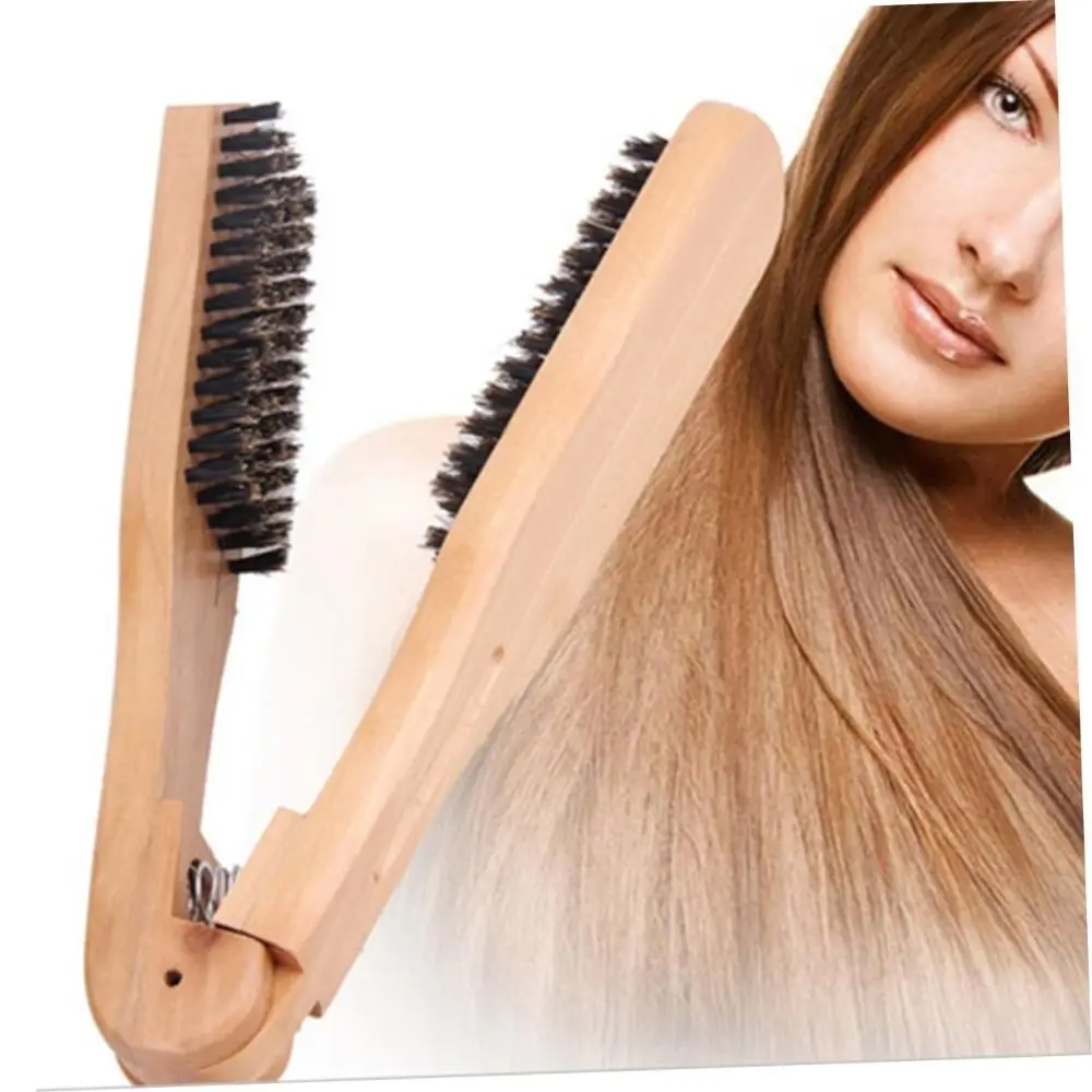 New Professional Hair Straightener Comb Double Brushes Anti Static V-shaped Clamp Comb Wooden Women Hair Brush Hairdressing Comb