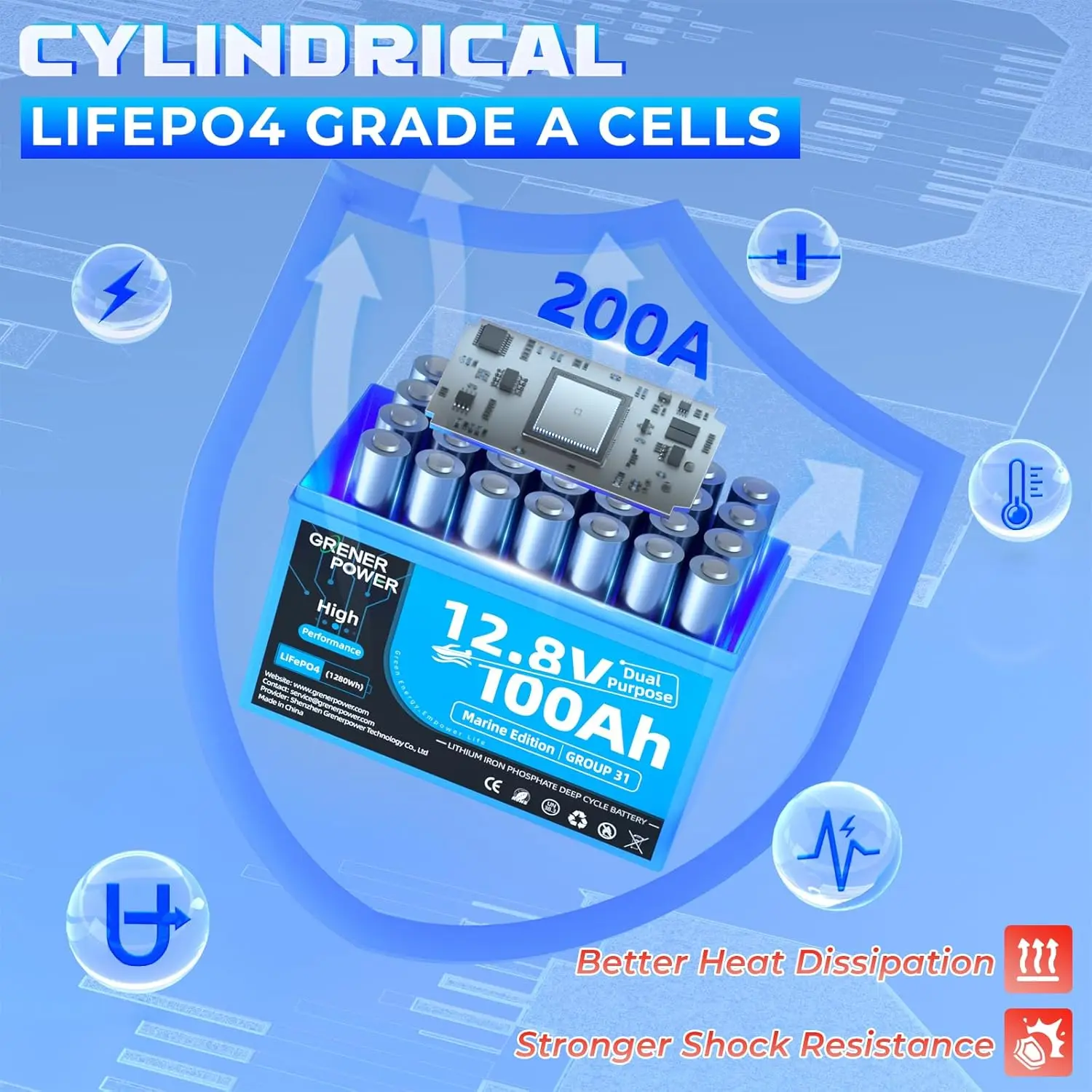 بطارية LiFePO4 12.8V100Ah، مدمجة 200A BMS، حافظة Group31 بطارية بدء بحرية مزدوجة الأغراض، حتى 900A MCA و4P4S 12V
