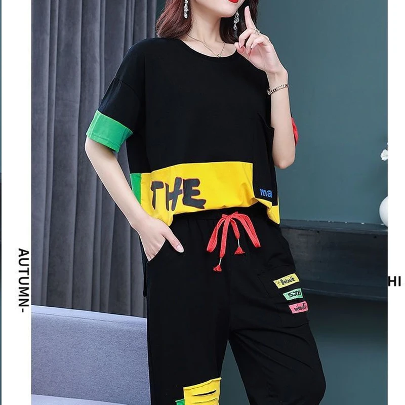 Summer New Printing Motion Ladies Suits Fashion Loose Short Sleeve T-Shirts Elastic Waist Drawstring Patchwork All-match Pants