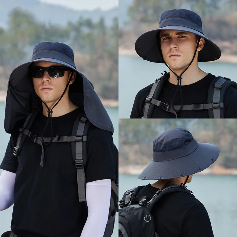 

Men's Summer Fisherman Hats Mesh Breathable Sun Protection Outdoor Waterproof Bucket Hat Climbing Fishing Shawl Guard Cap