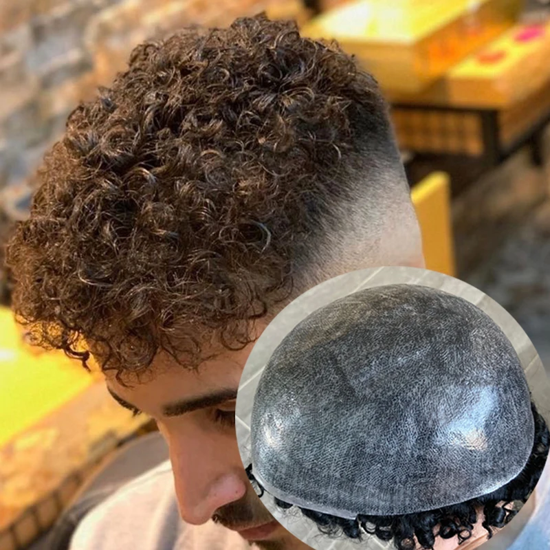 15mm Afro rizado súper duradero piel completa Pu peluquín de cabello humano 1B10 1B65 cabello gris negro línea de cabello Natural para hombres postizo de micropiel