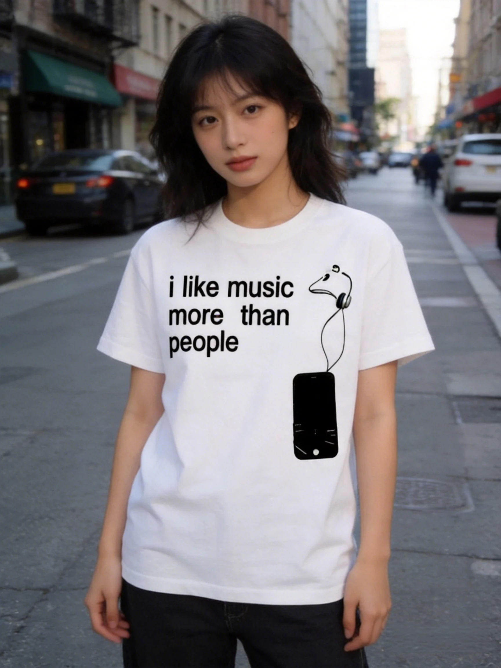 Women Music Slogan Graphic T‑Shirt Round Neck Short Sleeve Headphone Phone Print Casual Streetwear Tee Top
