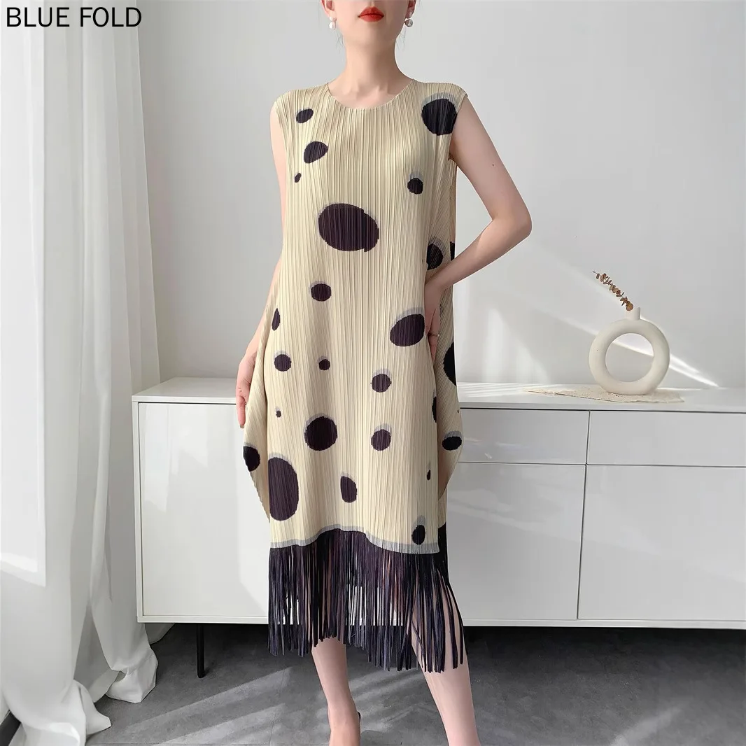

Miyake Tassel Print 2025 Summer Dress for Women Pleated Fashionable Loose Large Size Medium Length PLEATS Vestido High Quality