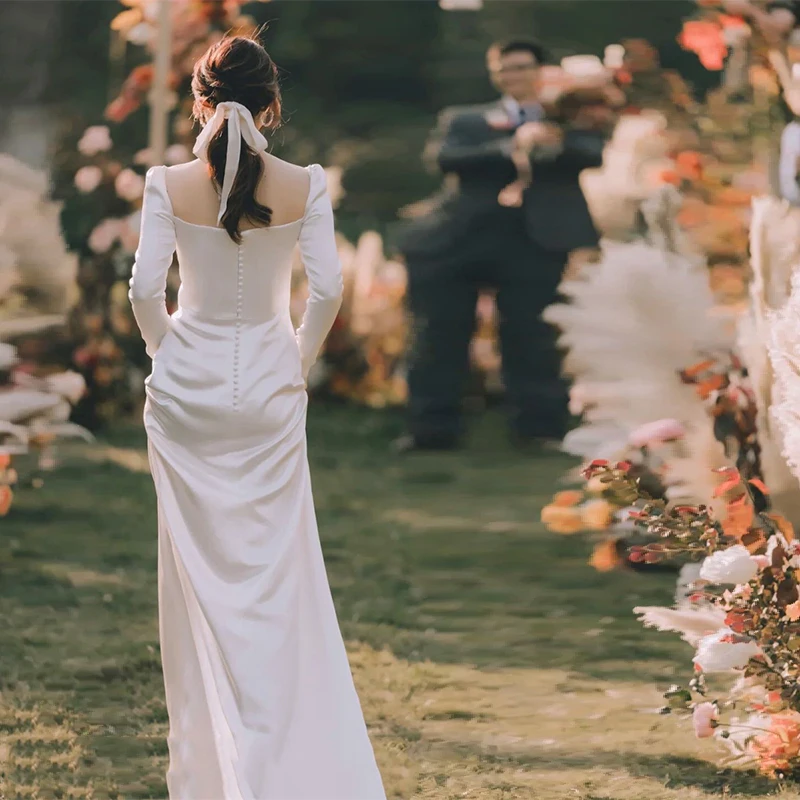 

Ele Satin Light Wedding Dr Simple Vintage Long Sve Arm Covering Exit Tailed Bride eeting Evening Dr Travel Pho...