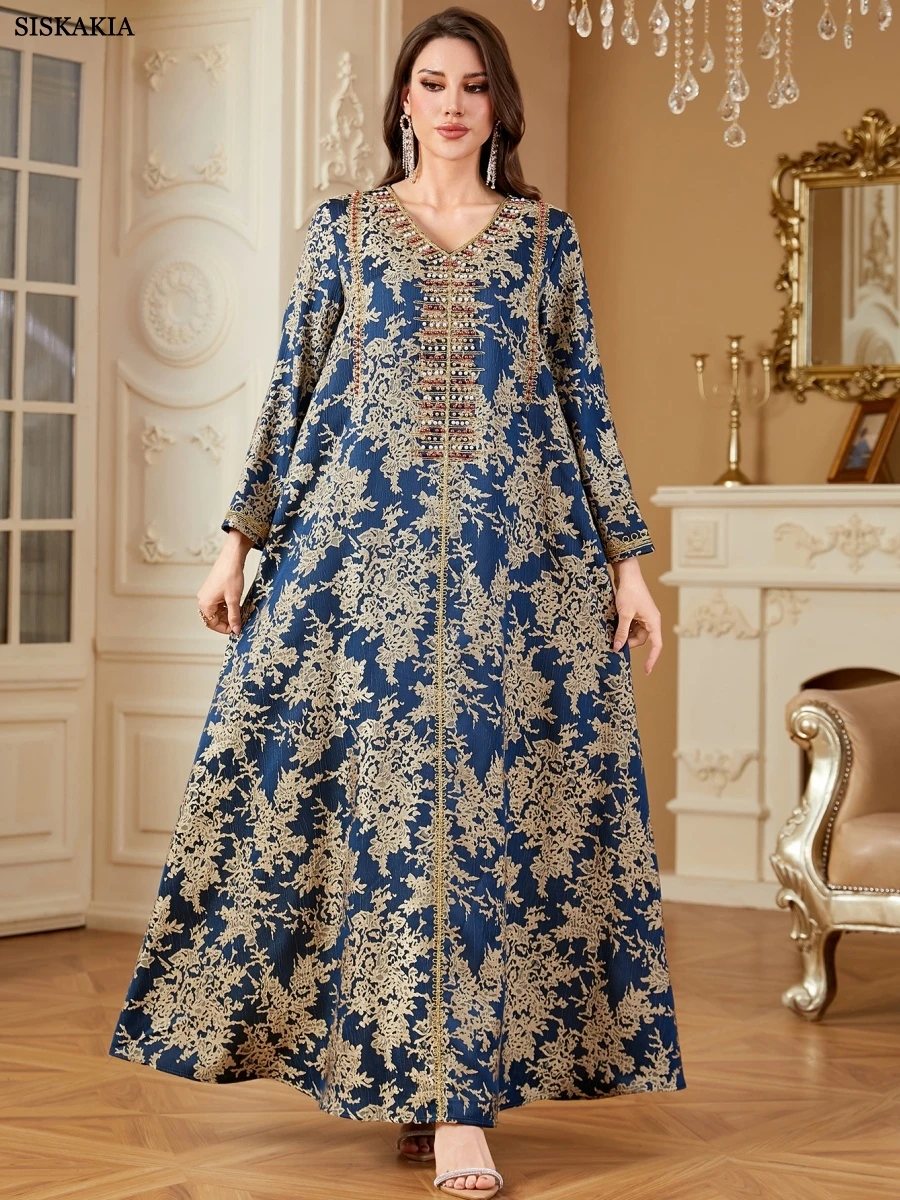 

Siskakia New Luxury Jacquard Woman Evening Dress Dubai Beaded Abaya Embroidered Kaftan