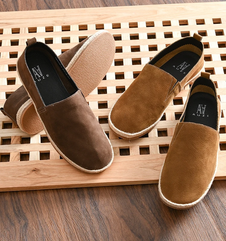 

High-End Oil Wax Cowhide Men's Lightweight Anti-Slip Slip-On Fishing Boat Shoes Summer Casual Flat Heel round Toe TPR Outsole