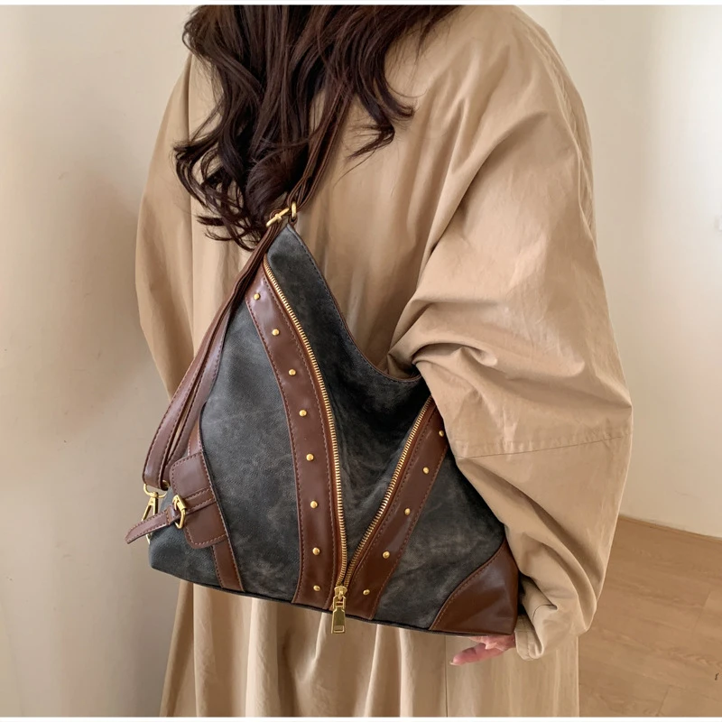 Vintage-Rucksack, Damen-Tragetasche, Retro-Spleiß-Hobo-Umhängetasche, lässige Alltags-Einkaufstasche mit Nieten-Dekor – Detail 10