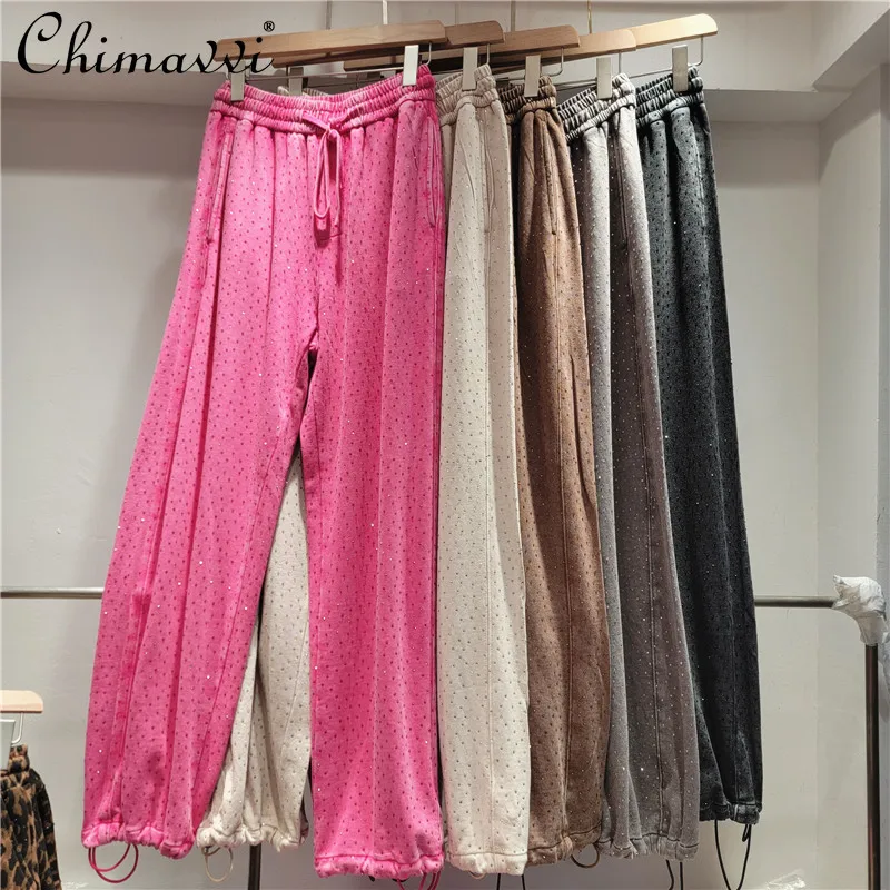 

Heavy Hot Diamond Women's Elastic High Waist Casual Pants 2024 Autumn New Fashion Loose Streetwear Versatile Women's Pants