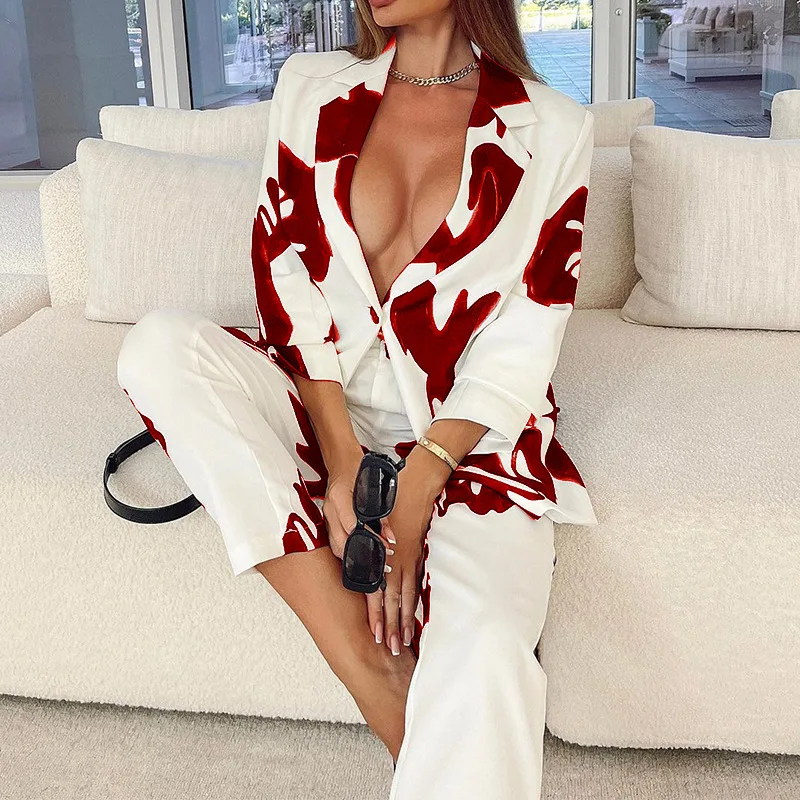 Vintage Printed Blazer Set Women Business Suit Elegant Woman Set Outfits Office Outfits Women Fashion Single Breasted Suit Set