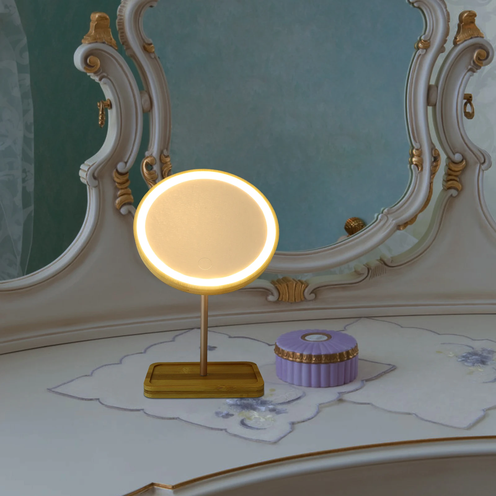 

1pc Led Makeup Mirror Vanity Desktop Stand Rechargeable Swivel Tabletop Mirror For Bedroom Bathroom Dresser