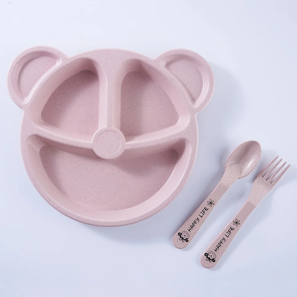 

3Pcs Kids Plate Set Wheat Straw Bear Shape Divided Dining Tray Baby Tableware Spoon Fork Feeding Snack Tray Eco-Friendly