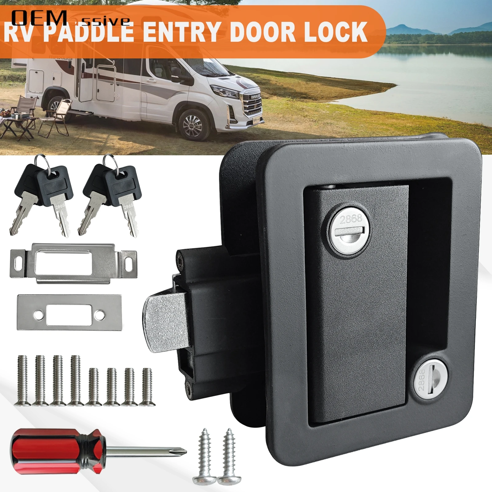 

RV Trailer Camper Entry Door Lock RV Door Lock Replacement Double Open Door With Deadbolt Computer Key Door Handle 2 Keys Black