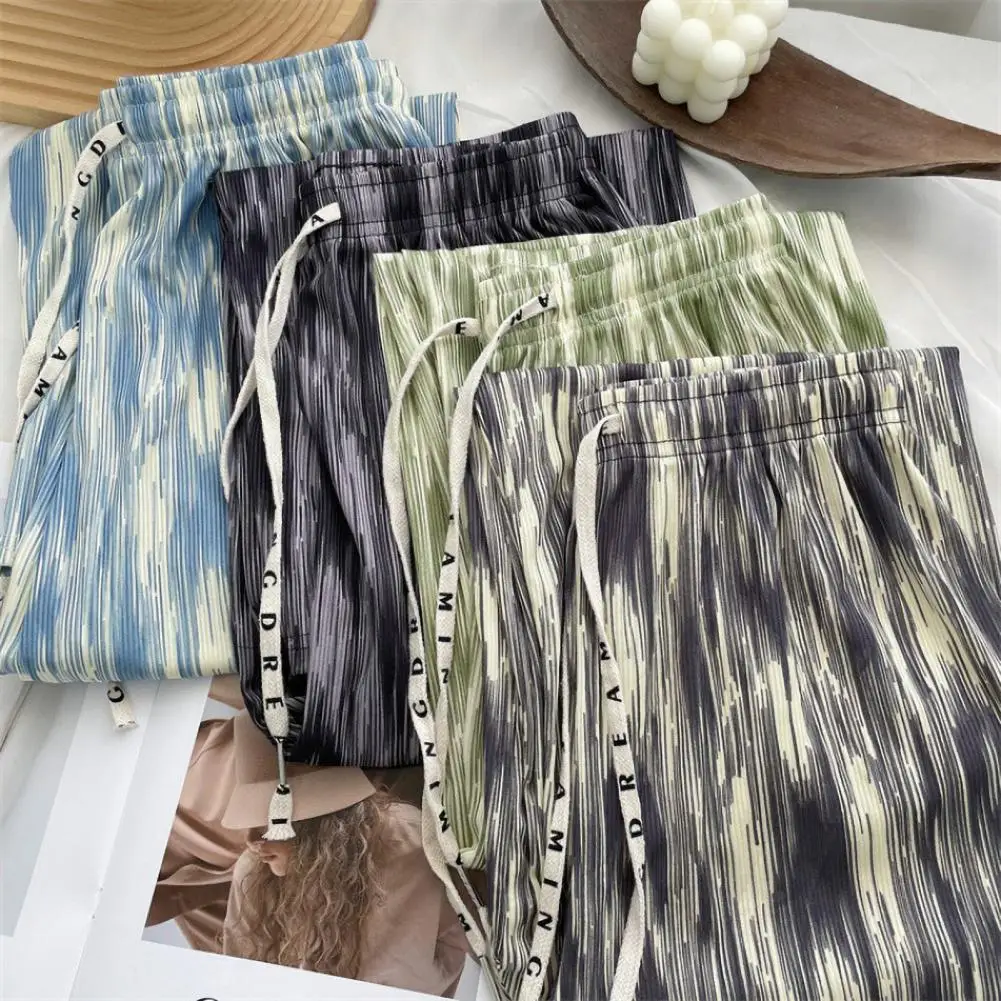 Women Casual Trousers Stylish Women's Wide Leg Pants Ink Tie Dye Print Elastic Waist Pockets for Casual Wear Hiking or Vacation