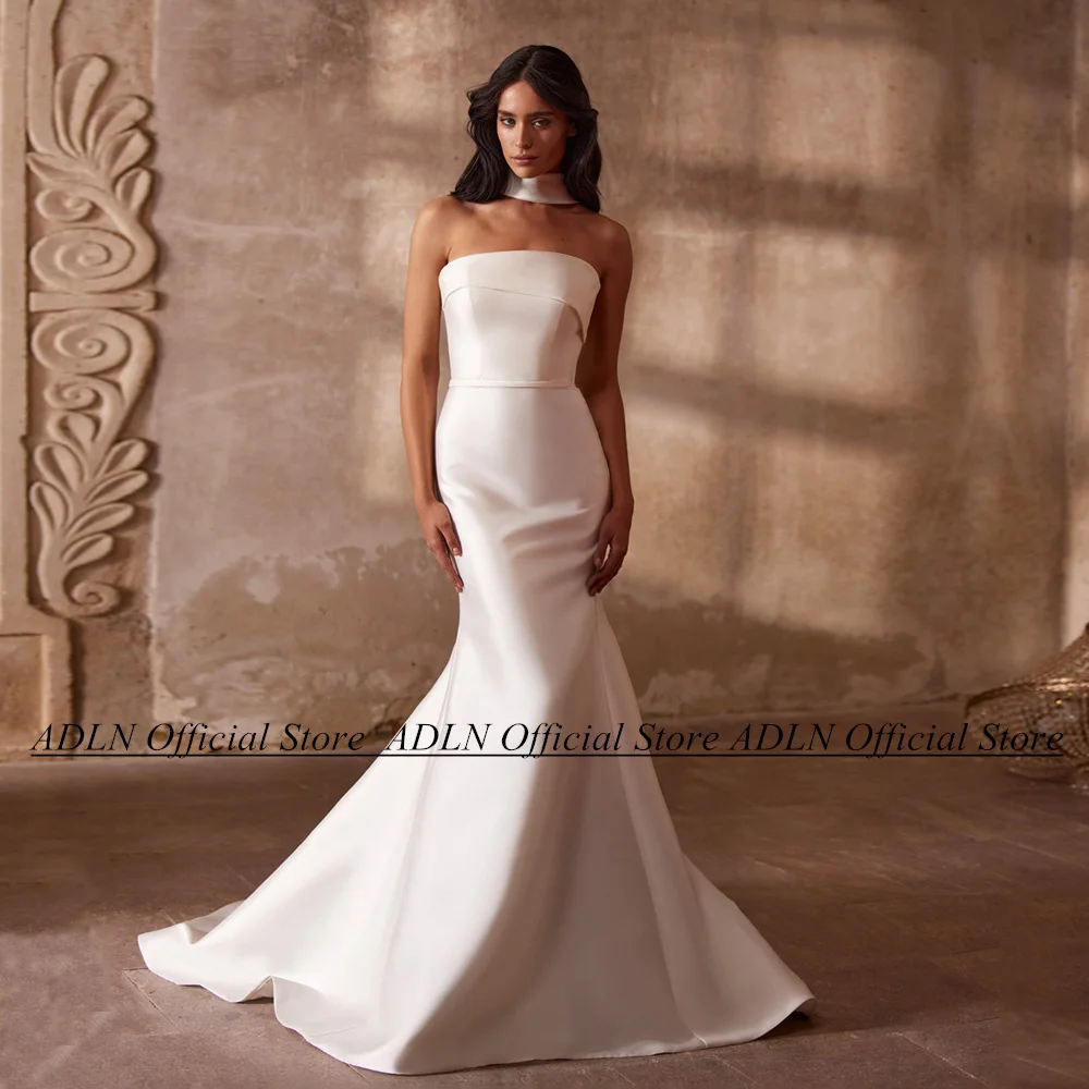 Satin Wedding Dress with Detachable Skirt ADLN Strapless Sleeveless Sweep Train Simple Bridal Gown Vestido De Noiva Lace-up