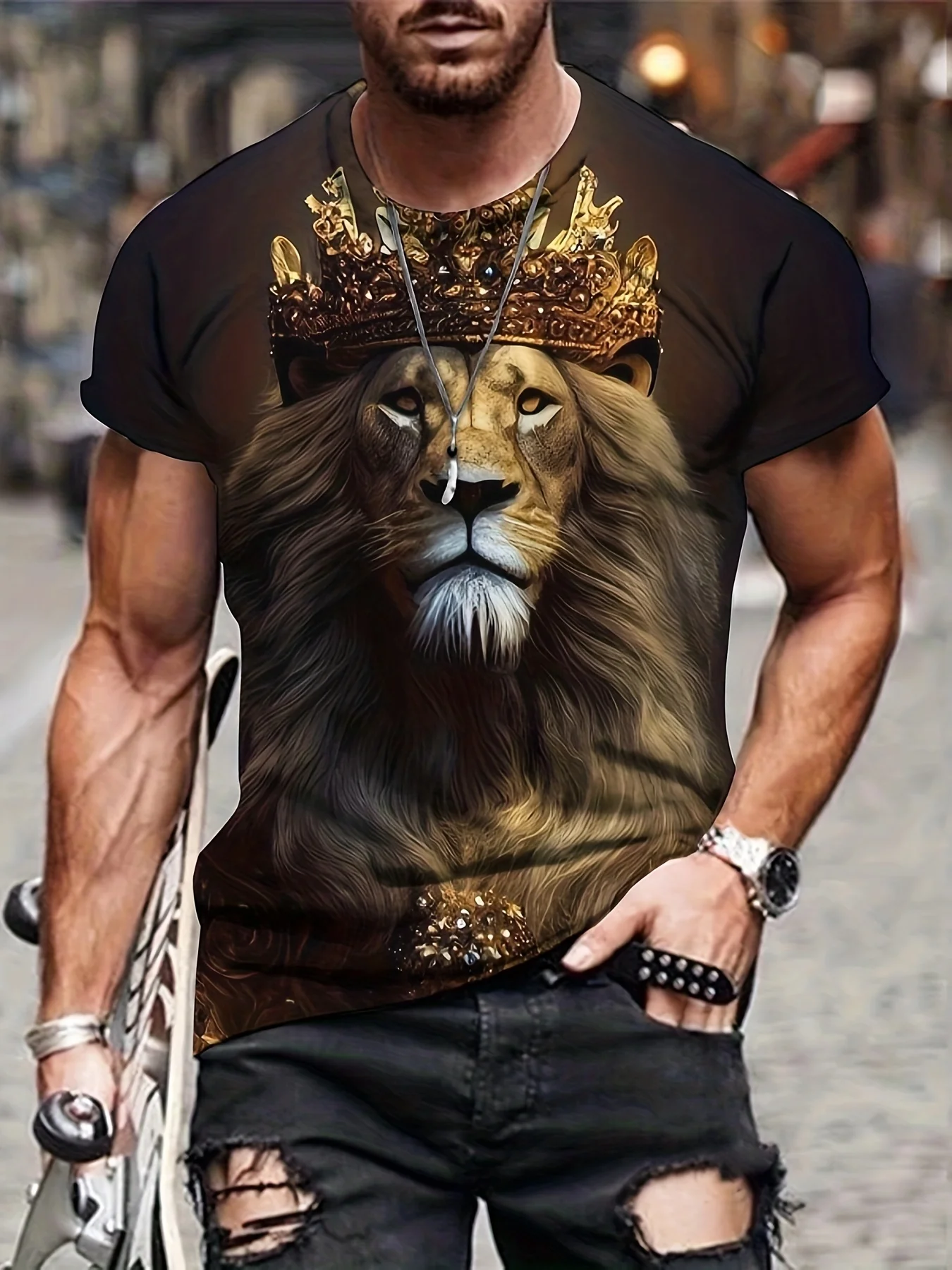 3D Lion King Print Men\'s Graphic Design Crew Neck T-shirt Men\'s Street Fashion Personalized Trendy T-shirt