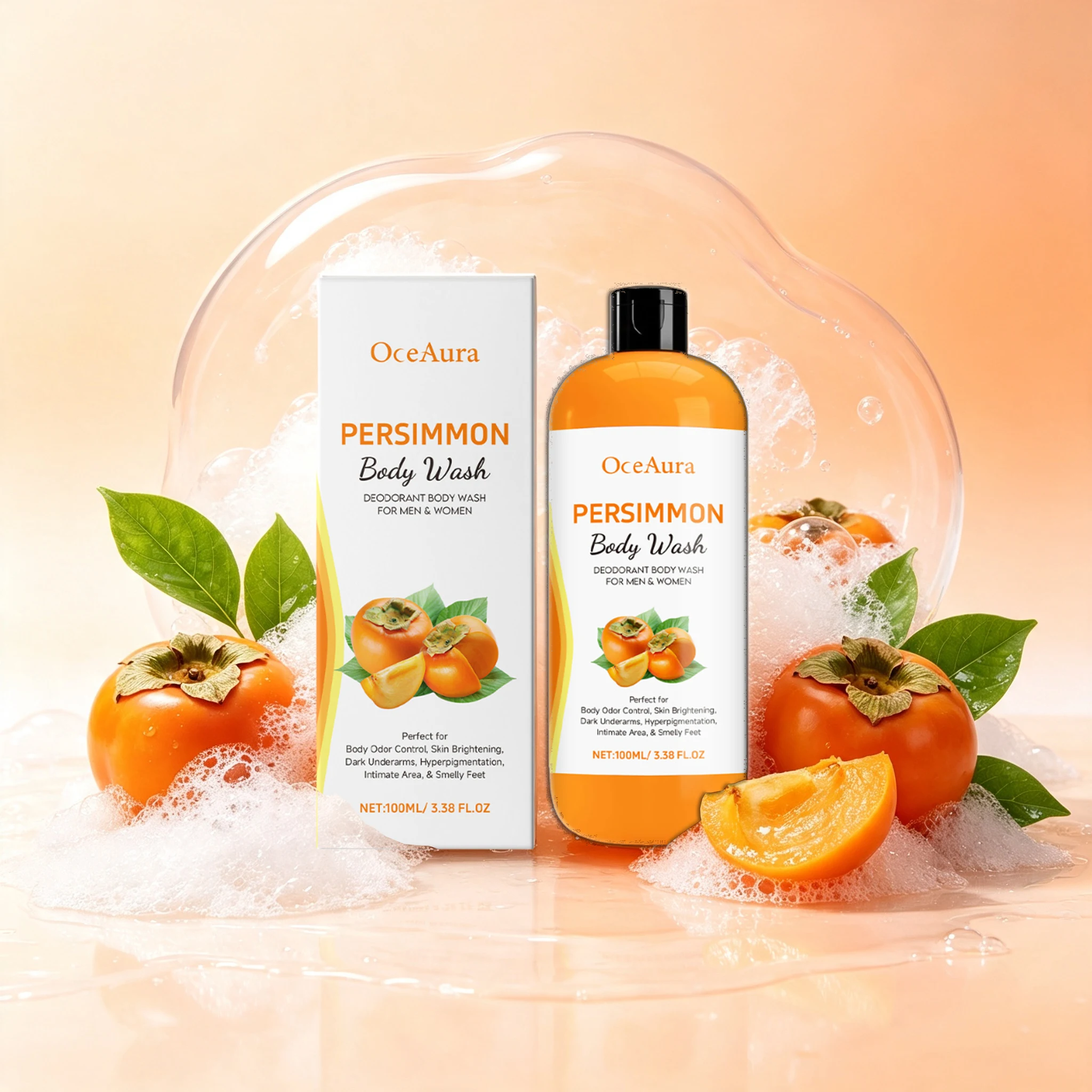 Persimmon Body Wash Odor Control Cleansing Shower Gel Anti-Nonenal Sweat Body Odor Neutralizer Gentle Body Care for Men & Women