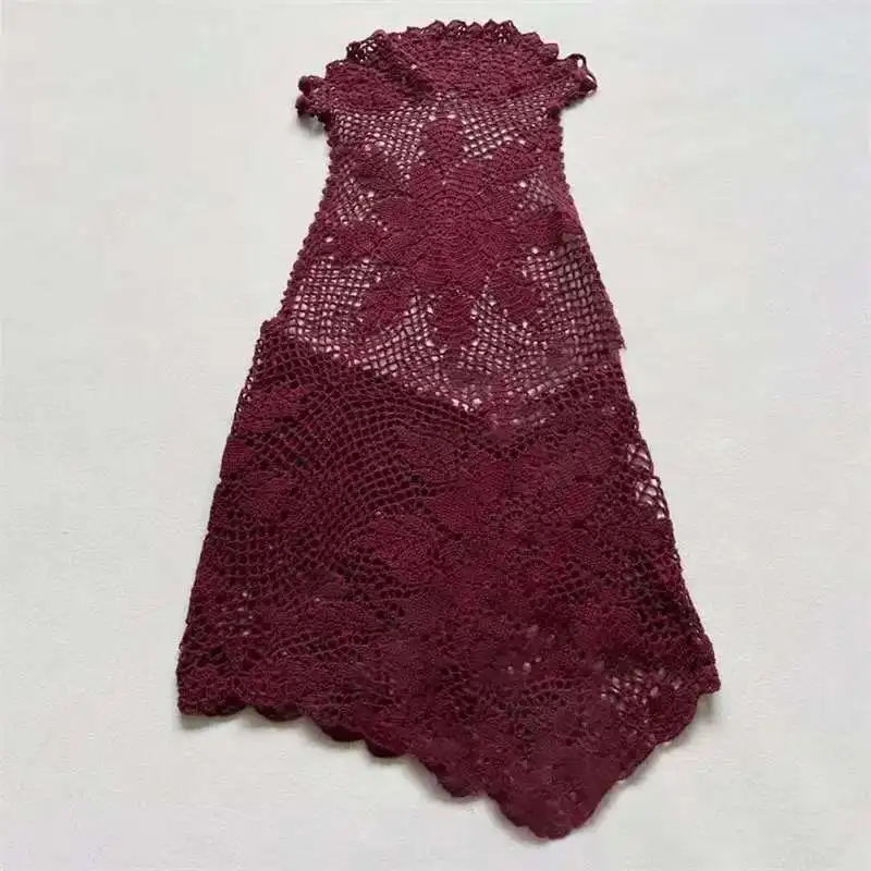 女性用ハンドメイド花柄クロシェ編みレースアップニットベストツーピースセット、ハーフハイカラーライニング付き高品質バックレスベスト2026新作