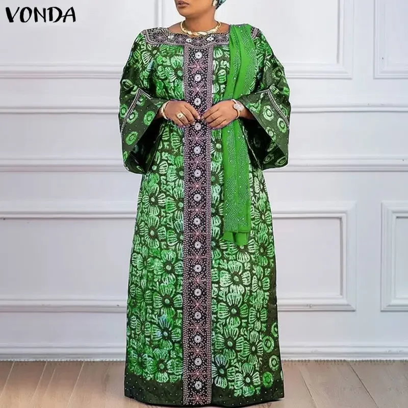 

Женское богемное макси-платье VONDA больших размеров 5XL, осеннее, с длинным рукавом, квадратным вырезом, винтажным принтом, длинный сарафан, модная модель 2026 года