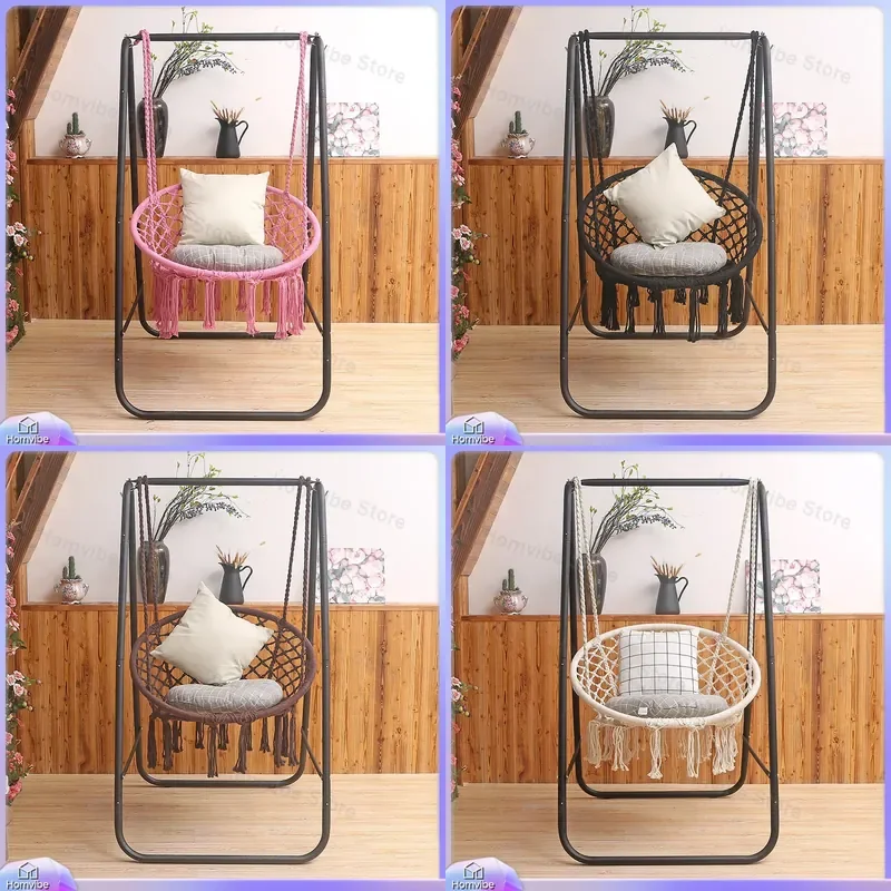 Hanging Chair Indoor Outdoor Balcony Hammock Swing with Stand Cotton Rope Mesh Cradle Seat Home Garden Patio Furniture