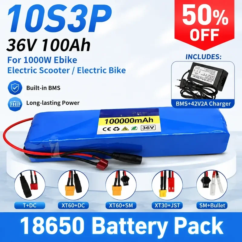 

36V 100Ah 10S3P 18650 Battery Pack for 1000W Ebike Electric Scooter Electric Bike Rechargeable Power Battery BMS+42V2A