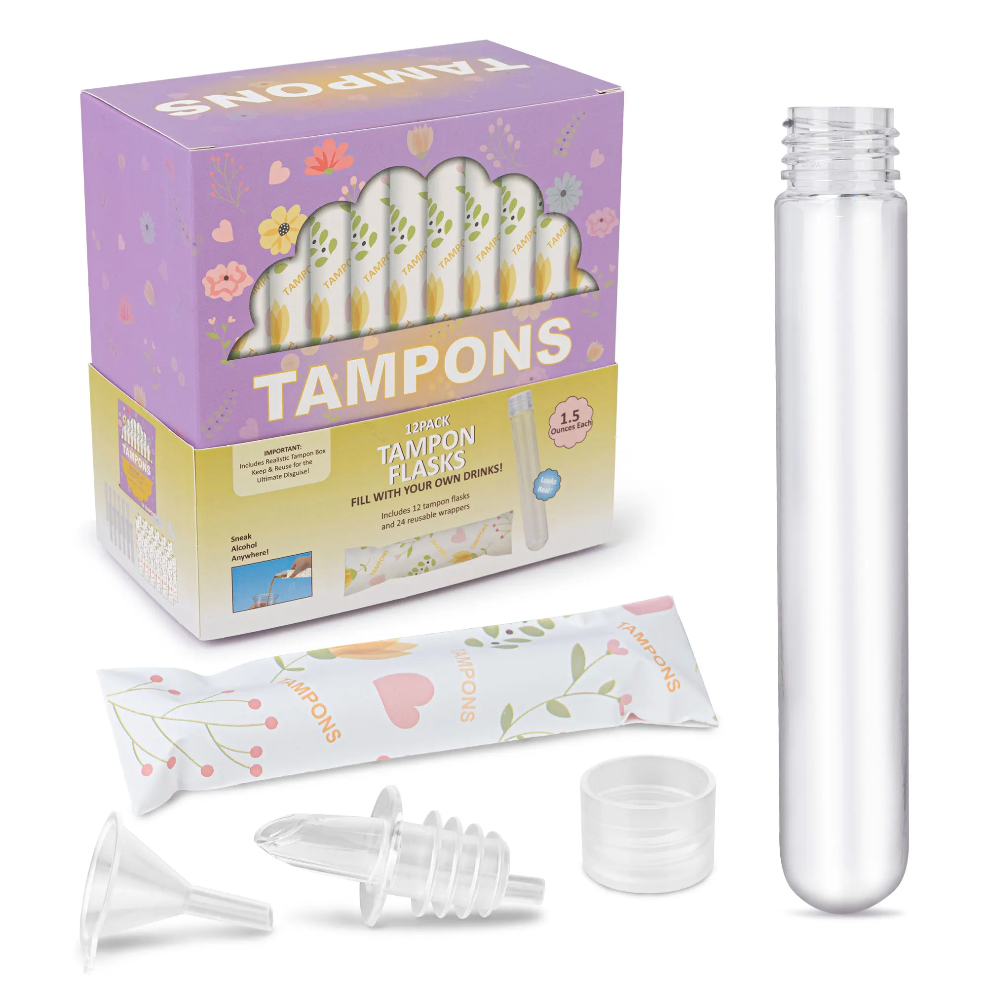 12 Pack Tampon Flasks (18 oz Total), Hidden Alcohol Flasks for Women, Secret Liquor Containers for Cruises with Funnel & Spout