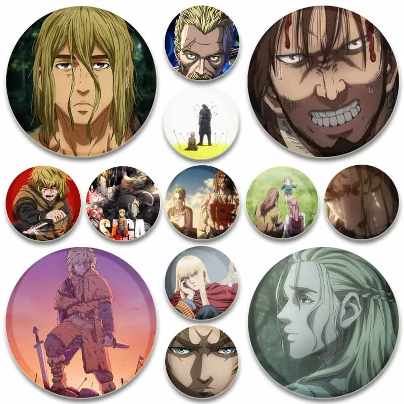 Pasadores de SAGA VINLAND de Anime, insignia creativa redonda de dibujos animados, broches de hojalata hechos a mano, pasador para mochila, accesorio de regalo de ropa