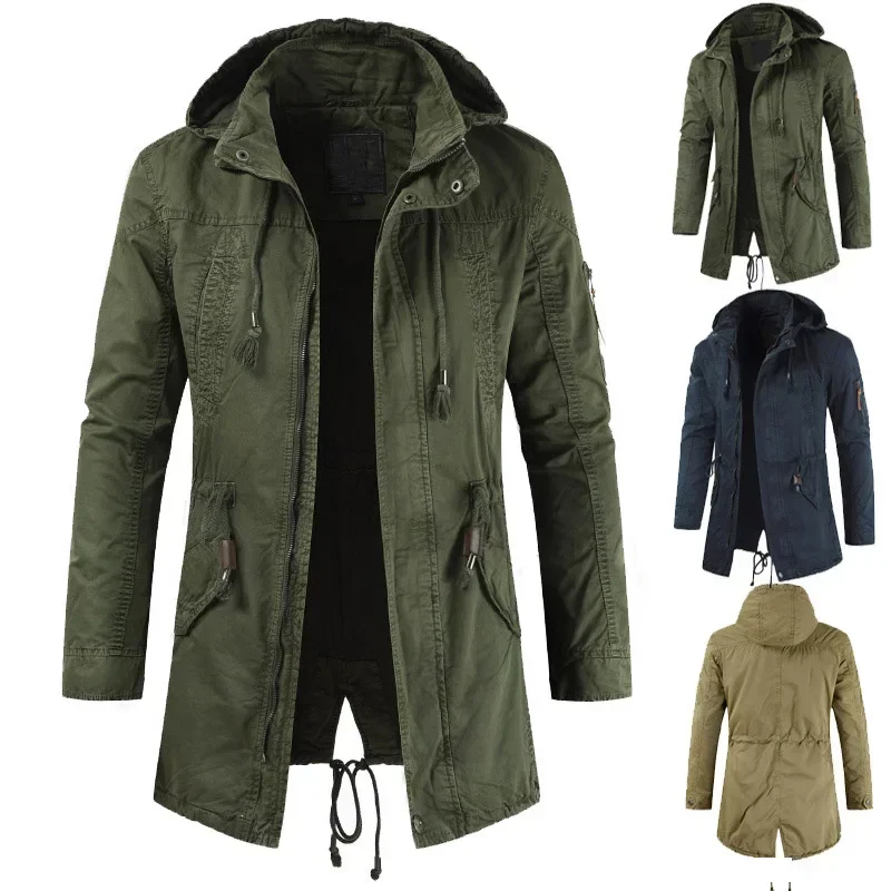 Mens Slim Khaki Jacket High Collar Long Sleeve Casual Long Hooded Jacket Oversize Windbreaker Men Army Green Boys Coat