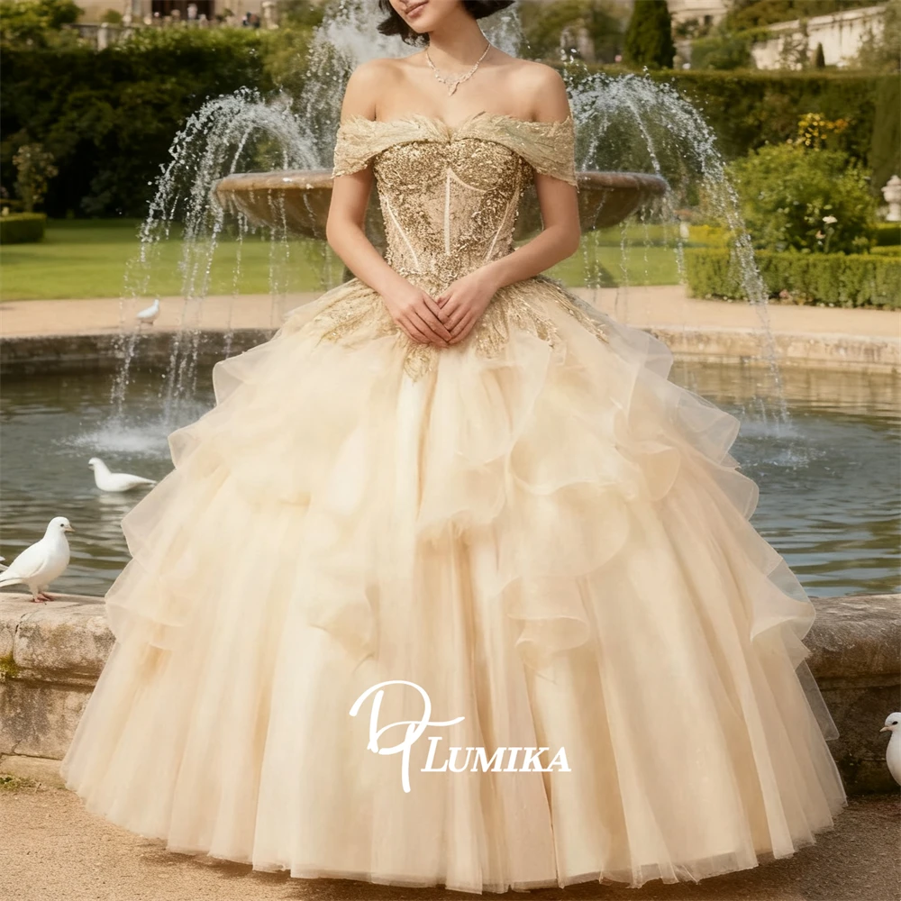 

Champagne Sweet 15 Dresses Off the Shoulder Ball Gown Prom Dress Customized Quinceanera Dresses Party Gowns Plus Size Dress