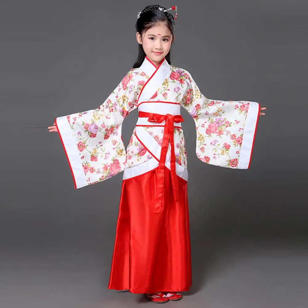 Girls Floral Top Suit Han Chinese Clothing Suit for Girls Wide-sleeves Floral Top Solid Color Long Skirt Wide Waist for Dance