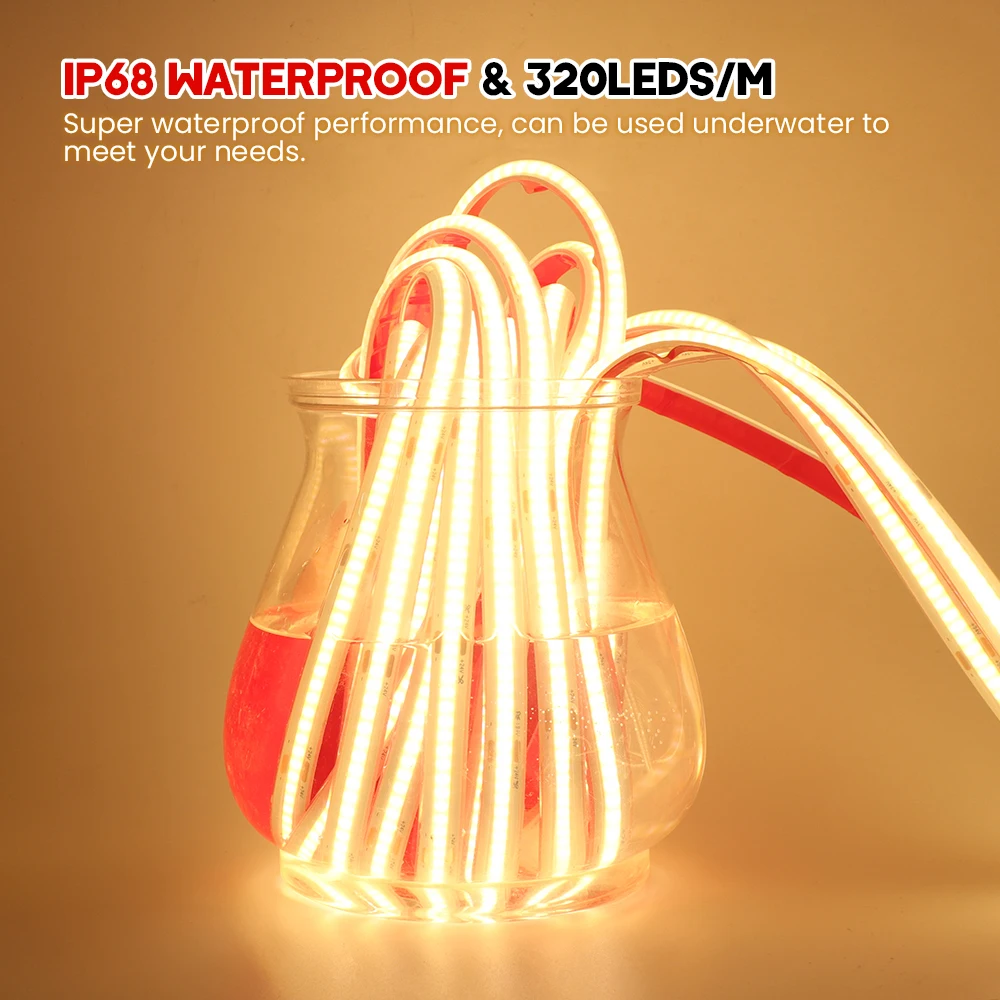 IP68 Waterproof COB LED Strip 12V 24V Flexible Ribbon Tape 320LEDs High Density Linear Light for Home Decoration 0.5-10M