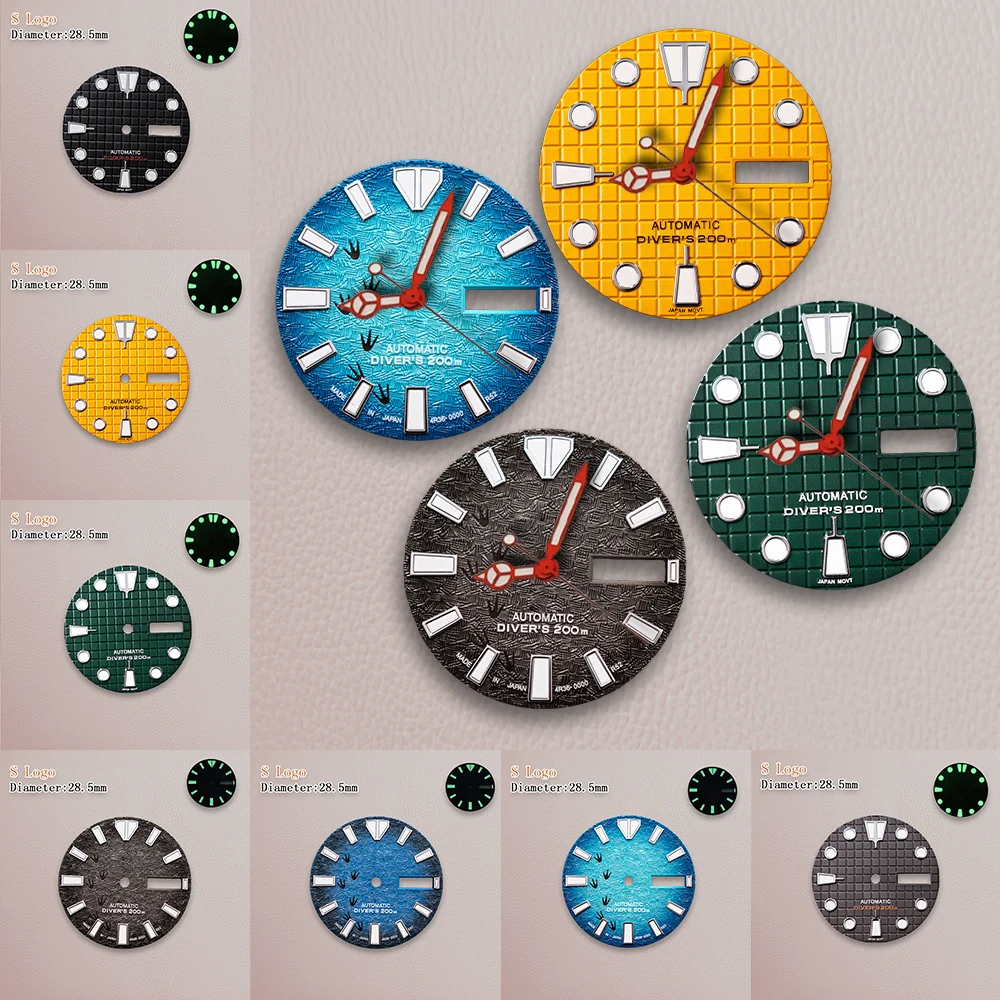 

Циферблат 28,5 мм с логотипом S, черный, с 3D-печатью следов стоп, для механизма NH36, с зеленым люминесцентным покрытием, аксессуары для модификации часов