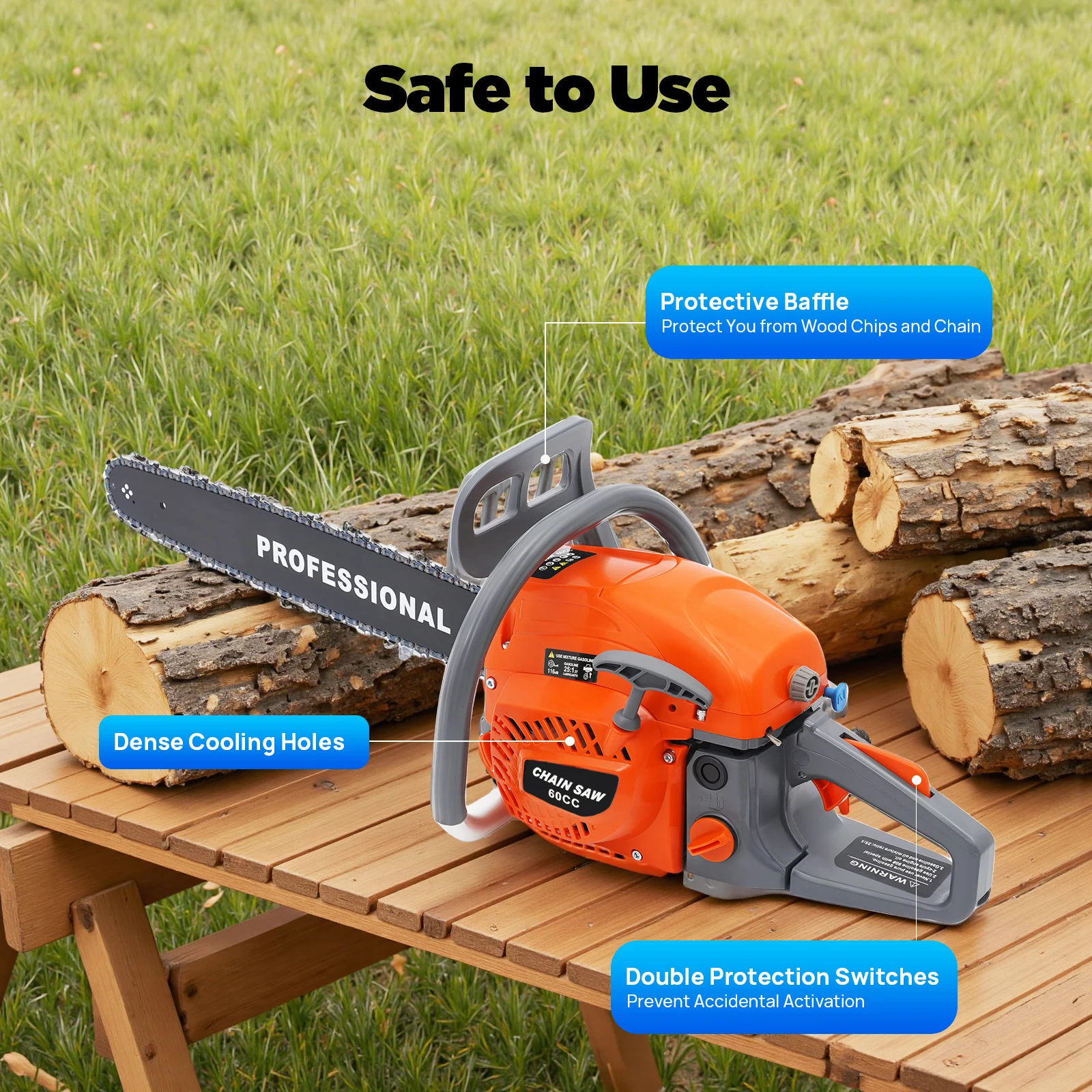 

Handheld Cordless Petrol Chain Saw 60cc 2.8kw Orange 55cm Chain 55cm Max Cutting Diameter 2-Stroke