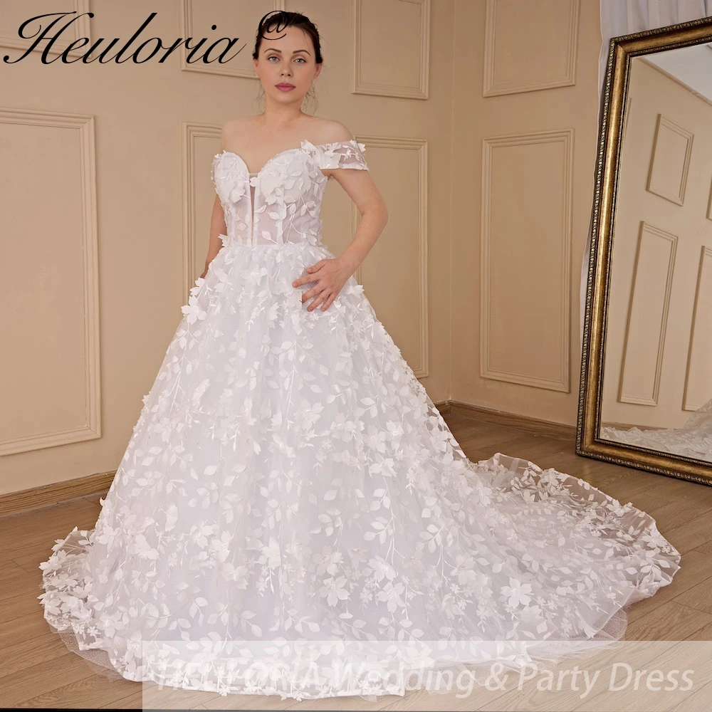 HEULORIA Princess Wedding Dress off shoulder bride dress  plus size robe de mariee 3D floral Lace Wedding Bridal Gown