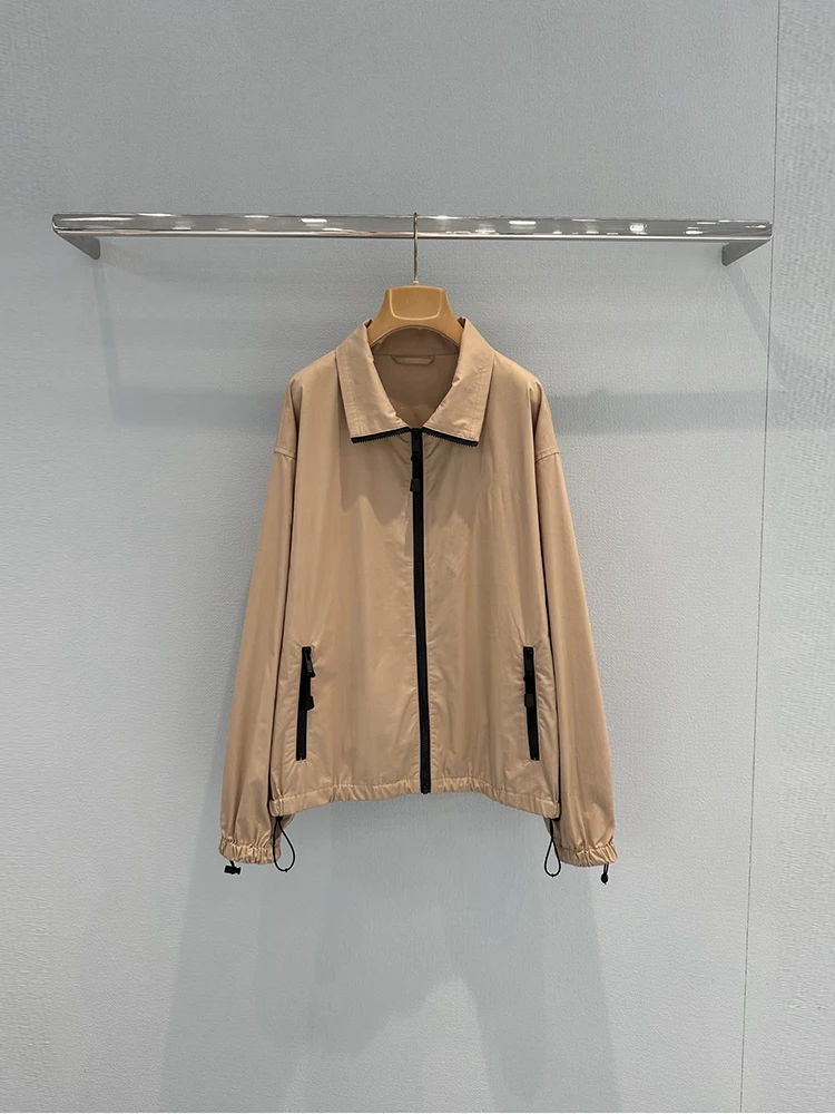 Spring Summer Fashion Beige Color Simplicity Casual Cotton Jacket Women's Turn-down Collar Zipper Pockets Elastic Waist Coat