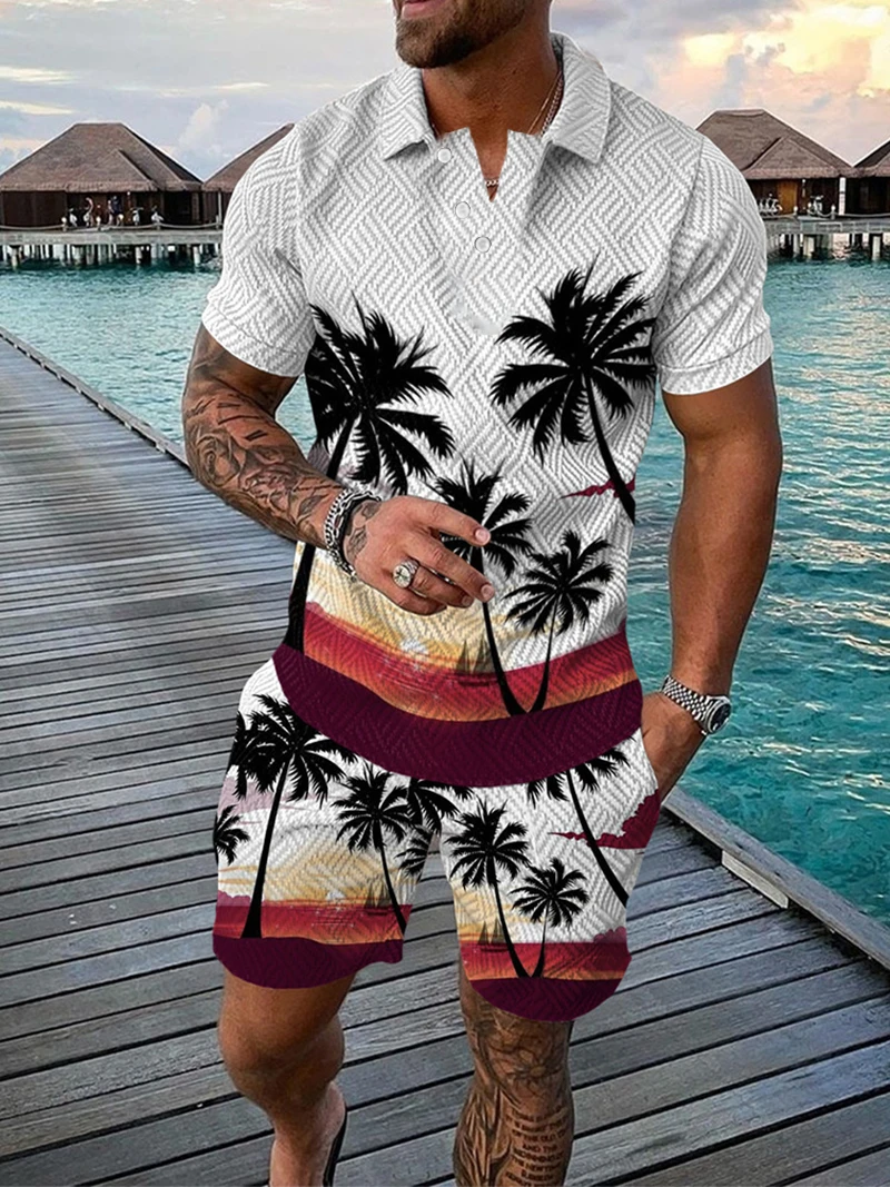 Tuta da uomo estiva stampa 3D Beach Coconut Trees Button Polo + Shorts Set di due pezzi Fashion Casual Man abbigliamento tuta Set