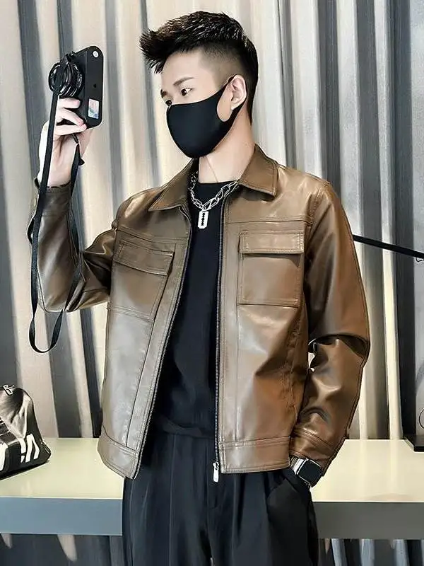 

Men's Biker Leather Jaet Spring Autumn 2025 New Trendy High End Casual Cool Zipper ket PU Leather Stand Fit Jeans Jaet