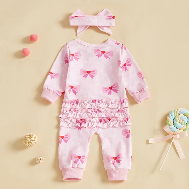 Newborn Baby Girl Romper with Bow Headband 2 Pcs Set Bow Dot Pattern Crew Neck Long Sleeve Zip Up Jumpsuit