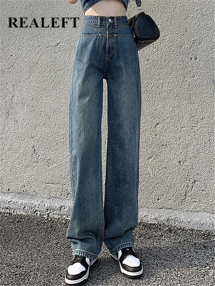 

REALEFT Casual Women's Denim Pants 2023 New Fashion High Waist Vertical Pockets Straight Full Length Leg Wide Leg Pants Female