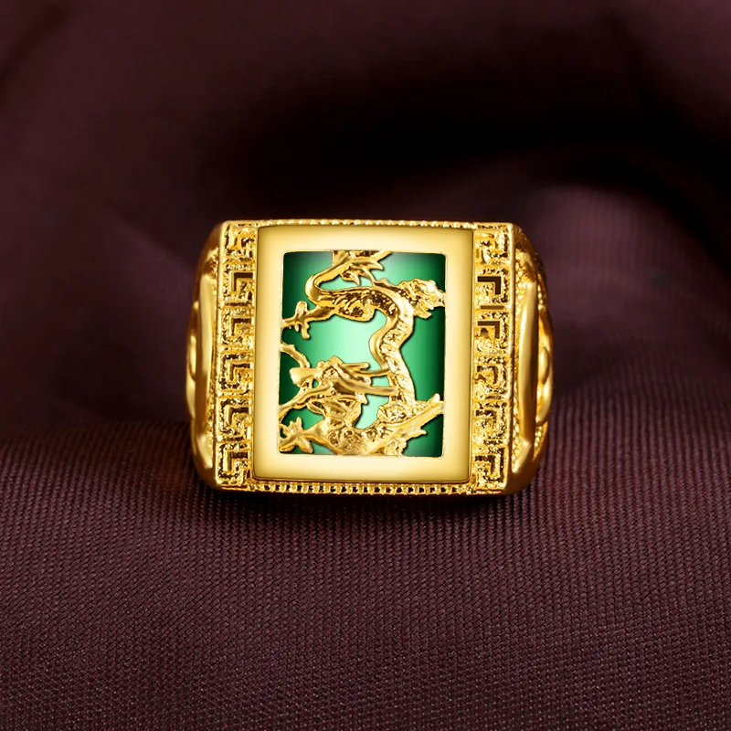 

Simple Generous Jade Inlaid Dragon Pattern Open Ring For Men 24K Gold AU999 | Adjustable open, daily versatile