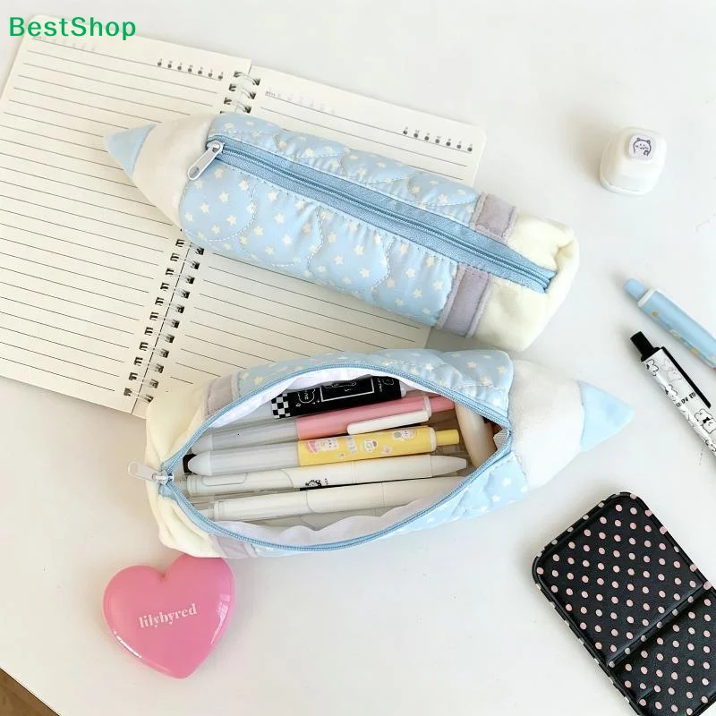 ♬Cute Pencil Shaped Plush Pencil Case Star Print Soft Multi Functional Storage Bag For Students Daily School Stationery Storage