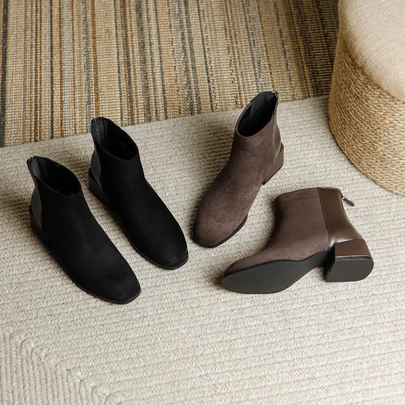 

Women Boots Genuine Leather High Top Suede Casual Shoes Plush Inside Ladies Short Ankle Boots