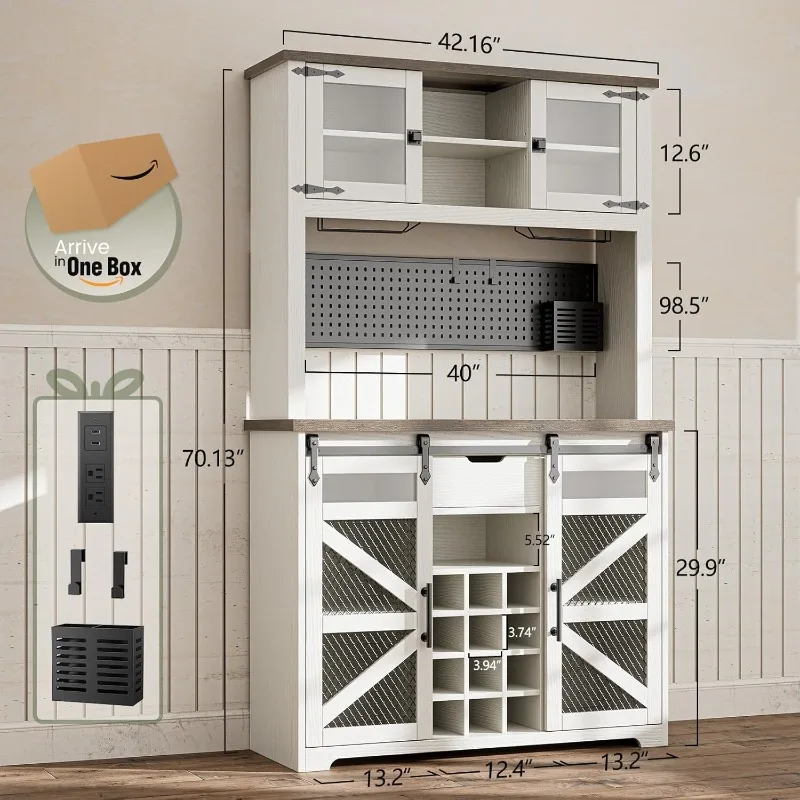 Farmhouse Coffee Bar Cabinet with Power Outlet, LED Light, Kitchen Buffet with Hutch w/ Storage Shelves Wine Rack, Pegboard