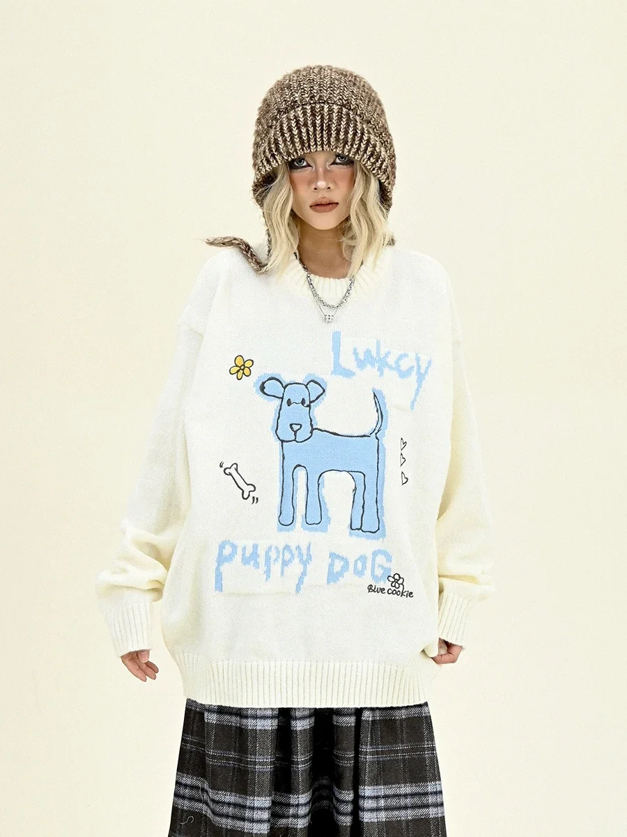 Women's Soft Waxy Cute Puppy Crew Neck Sweater, Japanese Retro Knitting, Winter, New Loose, Bf, 2022