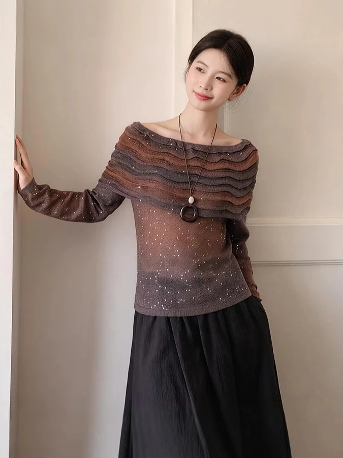 Chic Gradient Elegant Blue Gradient Sequin Knit Sweater For Women Off‑shoulder Layered Ruffle Cape Sparkly Pullover Sweet Tops