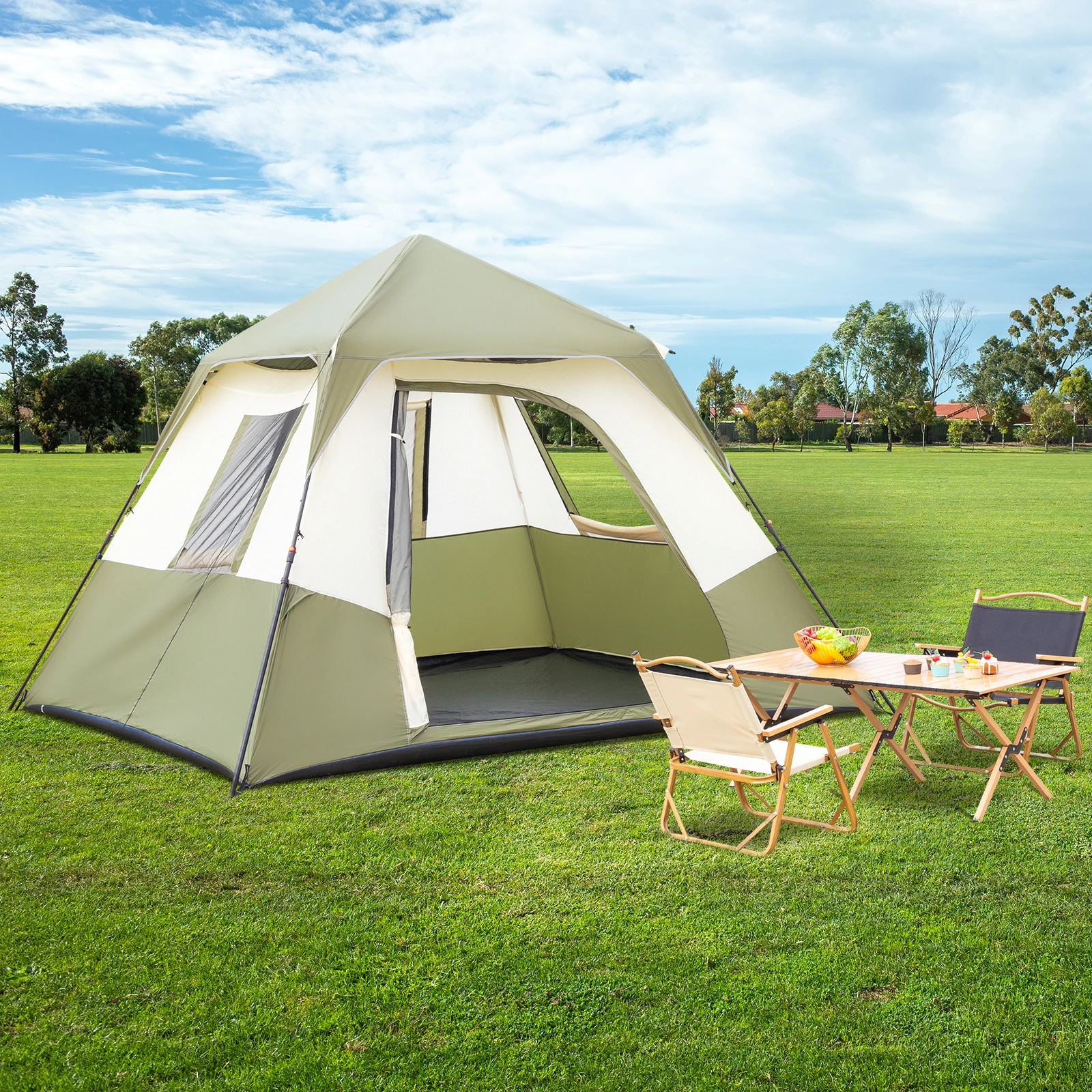 Camping Tent 6 People Army Green Beige 190T Polyester Cloth Pre-Link Iron Easy To Install for Camping Fishing Excursions