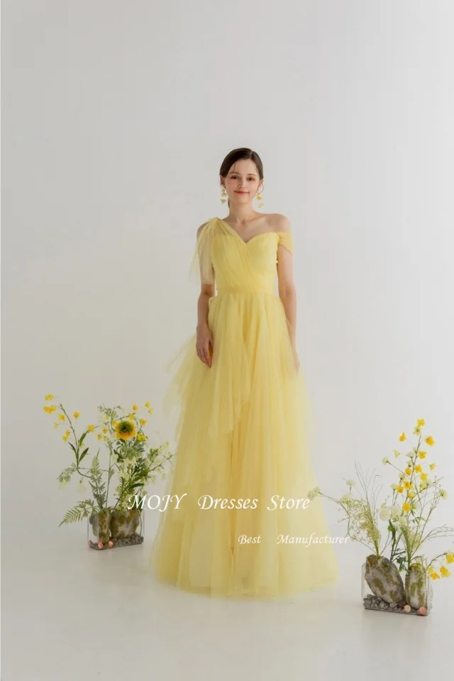 Mojy Yellow Tulle Wedding Dress Korea Photo Shoot A Line Sleeve Bridal Gown Floor Length Spaghetti Straps 신부 웨딩드레스 по индивидуальному заказу