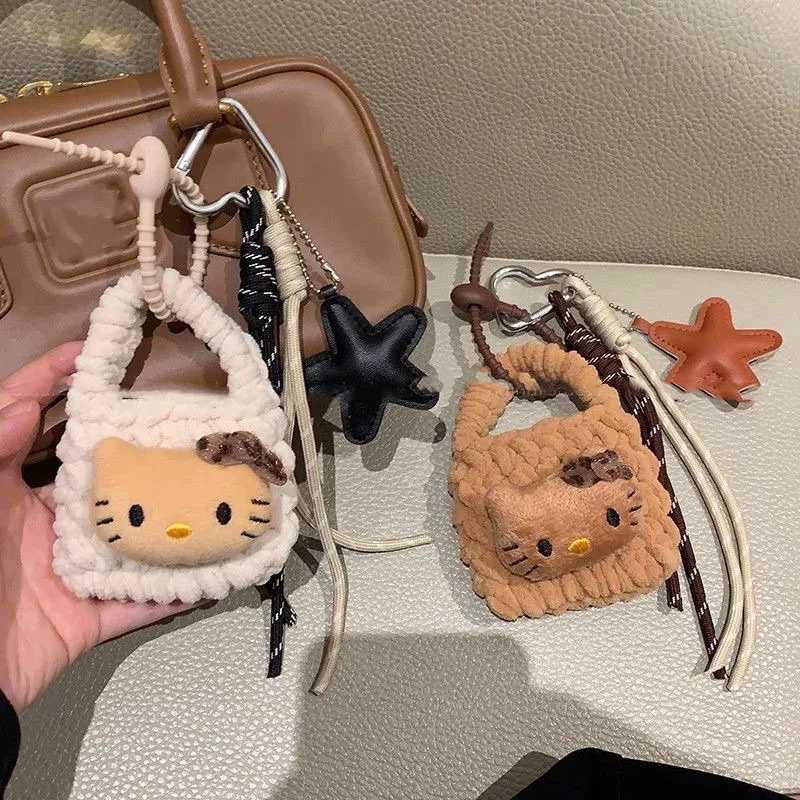 

Hello kitty cartoon coin purse keychain black leather leopard print KT cat earphone storage bag hanging accessories lanyard keyc