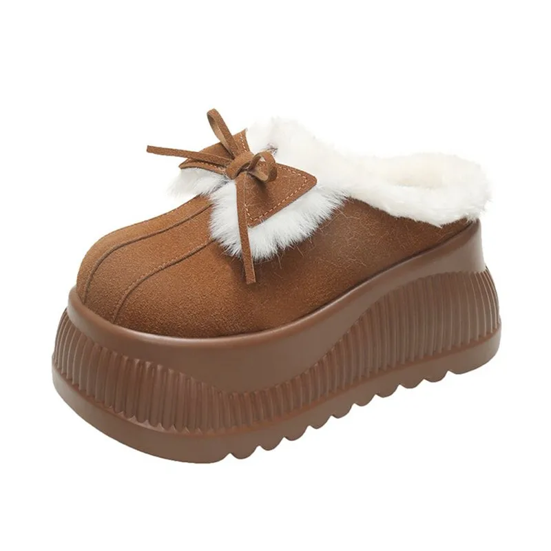 

11CM Platform High Heels Women Butterfly-knot Slippers Suede Mules Shoes Winter Casual Snow Boots Short Plush Warm Cotton Shoes