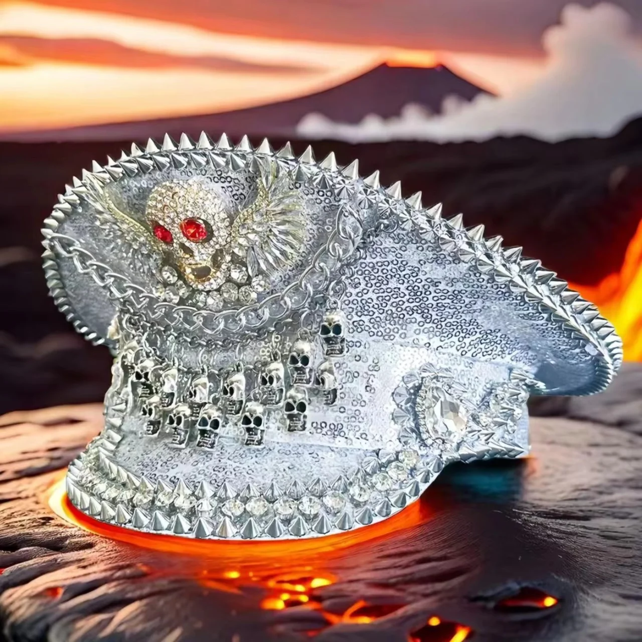 HongLuan Gelber Laser-Leder-Loop-Kapitänshut mit Strasssteinen und Militärkappen für Damen, Rave-Festivals-Accessoires und Partymütze für Herren